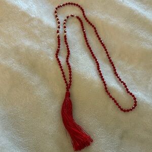 Elegant Red Beaded Necklace with Tassel